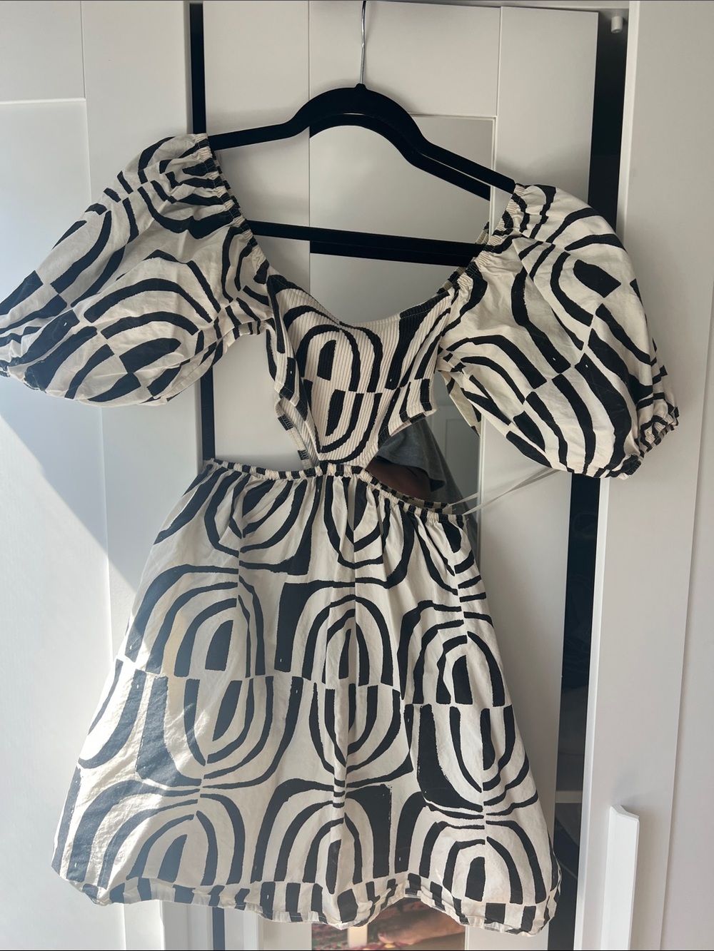 ZARA Black & White Puff Sleeve Cutout Mini Dress